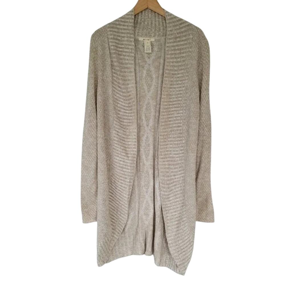 Miami Open Front Long Knit Cardigan Womens Size M Beige Long Sleeve Made in USA